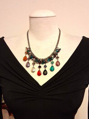New AJ Multi-Color Beads Black Chain Vintage Beaded Necklace & Dangle Earrings